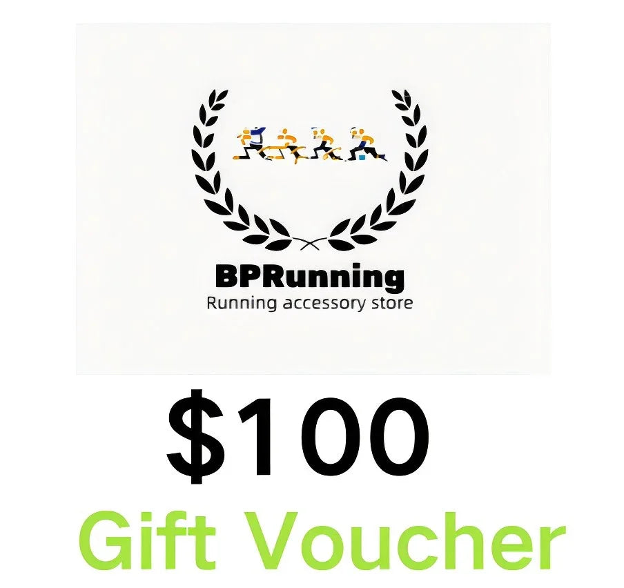 $100 gift voucher for BPRunning running accessory store with running figures and laurel wreath logo