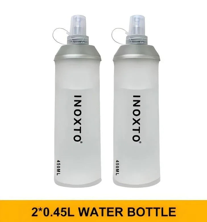 Two 0.45L Inoxto brand clear plastic water bottles with gray caps and flip-top lids