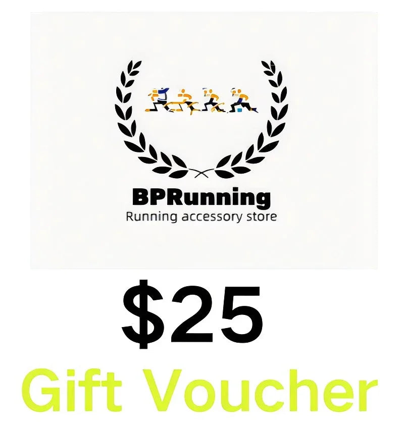 $25 gift voucher for BPRunning running accessory store with running figures and laurel logo