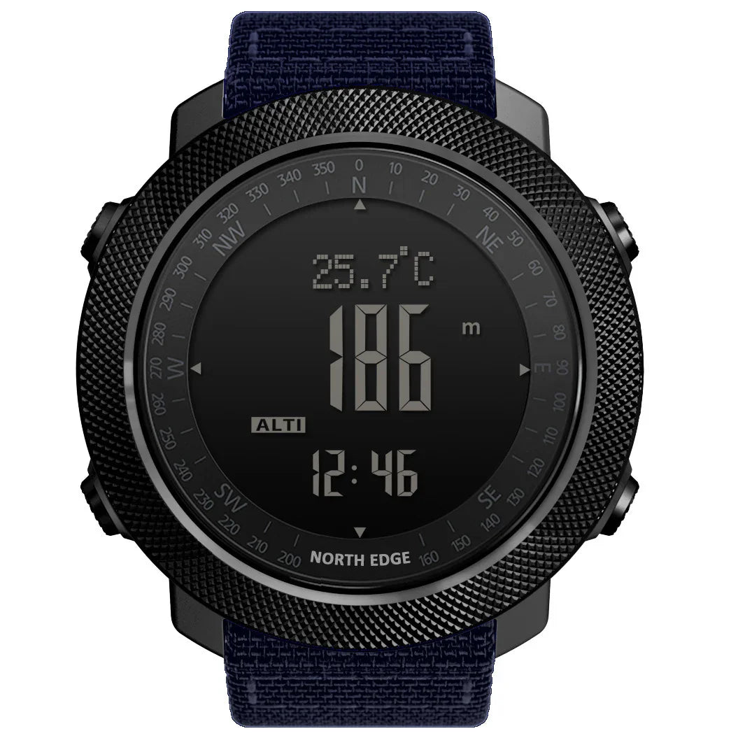 Black North Edge digital sports watch with altimeter, temperature, compass bezel, and blue fabric strap