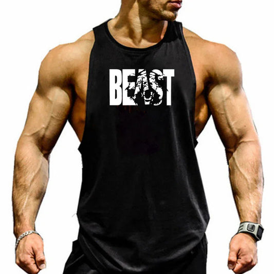 Muscular man wearing black sleeveless tank top with white BEAST graphic text