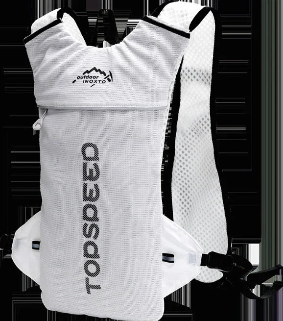 white mesh hydration backpack with adjustable straps, zip pocket, and TOPSPEED branding