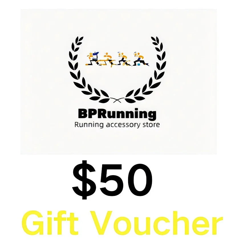 BPRunning logo with runners and laurel wreath above $50 gift voucher text