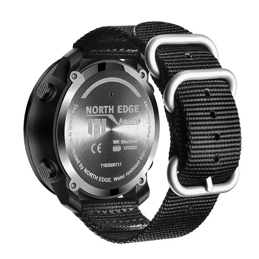 Back view of North Edge Apache water-resistant wristwatch with black nylon strap and metal buckle