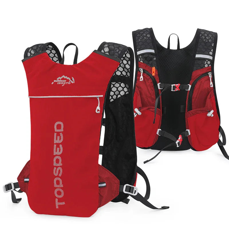 Red Outdoor Inokto hydration running vest with multiple pockets and breathable black mesh on back and sides