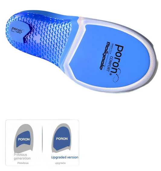 Blue shoe insole with 'Poron' branding on a white background