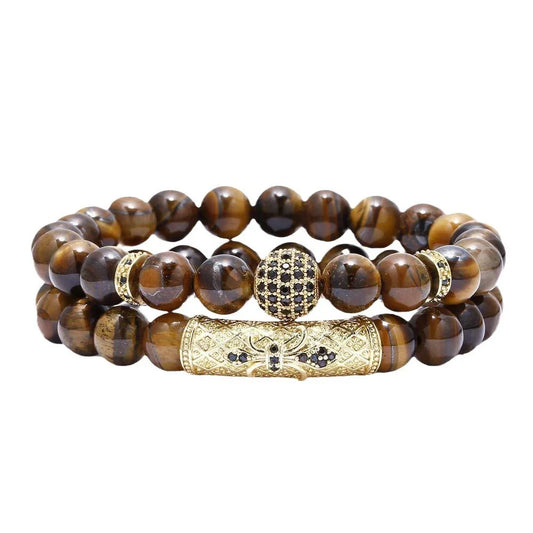 Double-layer tiger eye bead bracelet with gold and black encrusted accents
