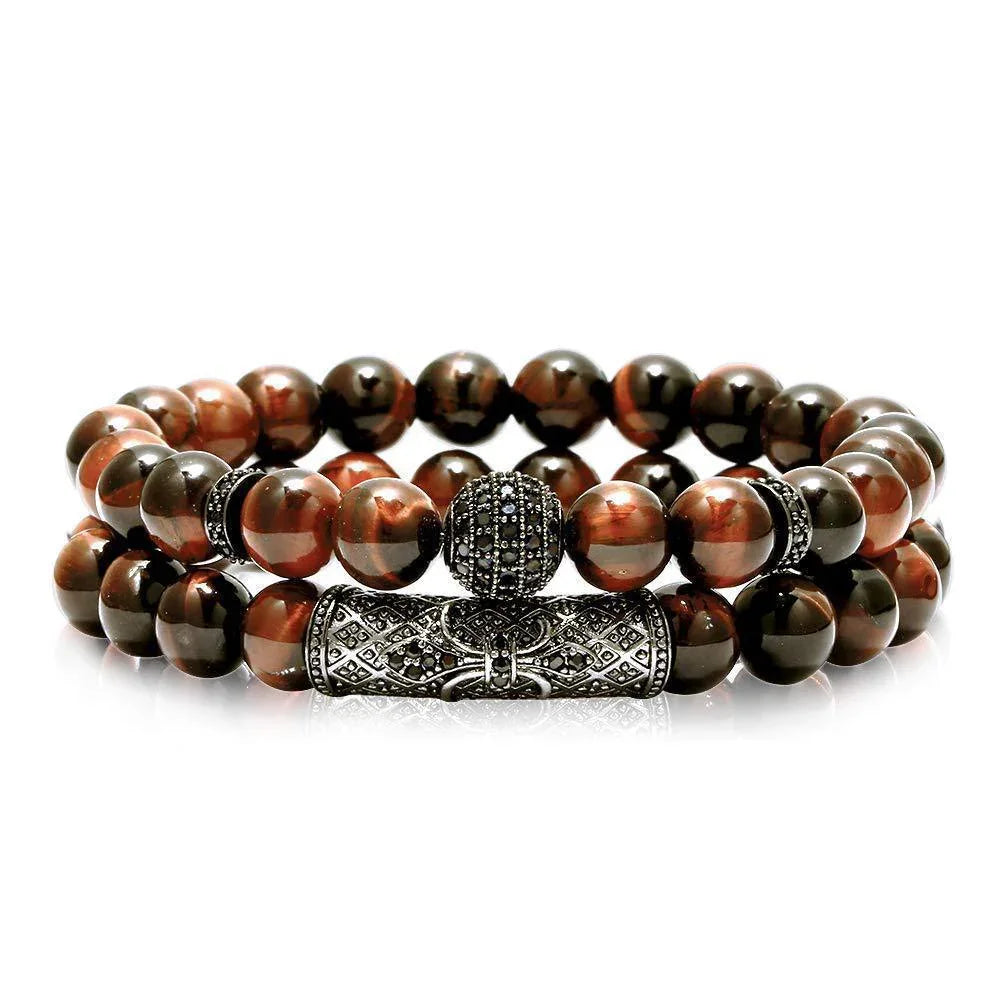 Double strand men's beaded bracelet with black and brown tiger eye stones and black metal accents