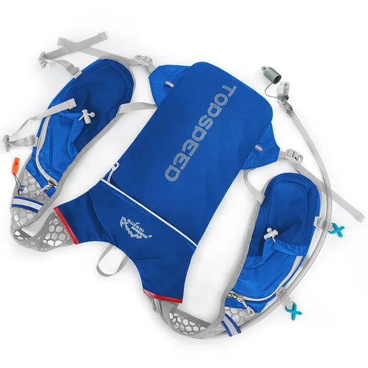 Blue TopSpeed hydration running vest with multiple pockets and adjustable straps on white background