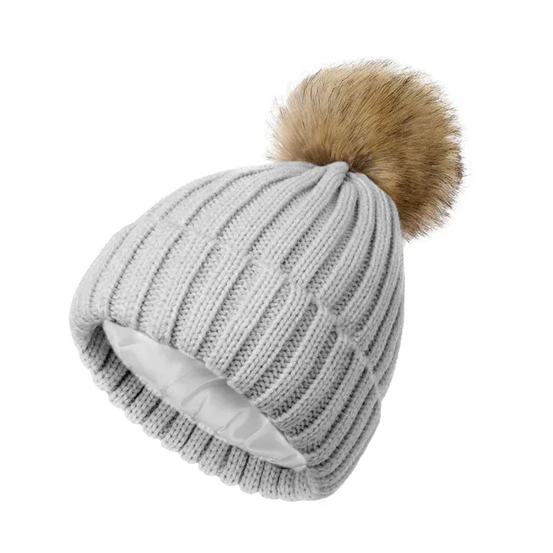 Women's Winter Beanie with Satin Lining and Faux Fur Pom Pom - Cozy Knit for Ultimate Warmth - BPRunning