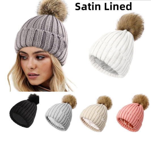 Women's Winter Beanie with Satin Lining and Faux Fur Pom Pom - Cozy Knit for Ultimate Warmth - BPRunning