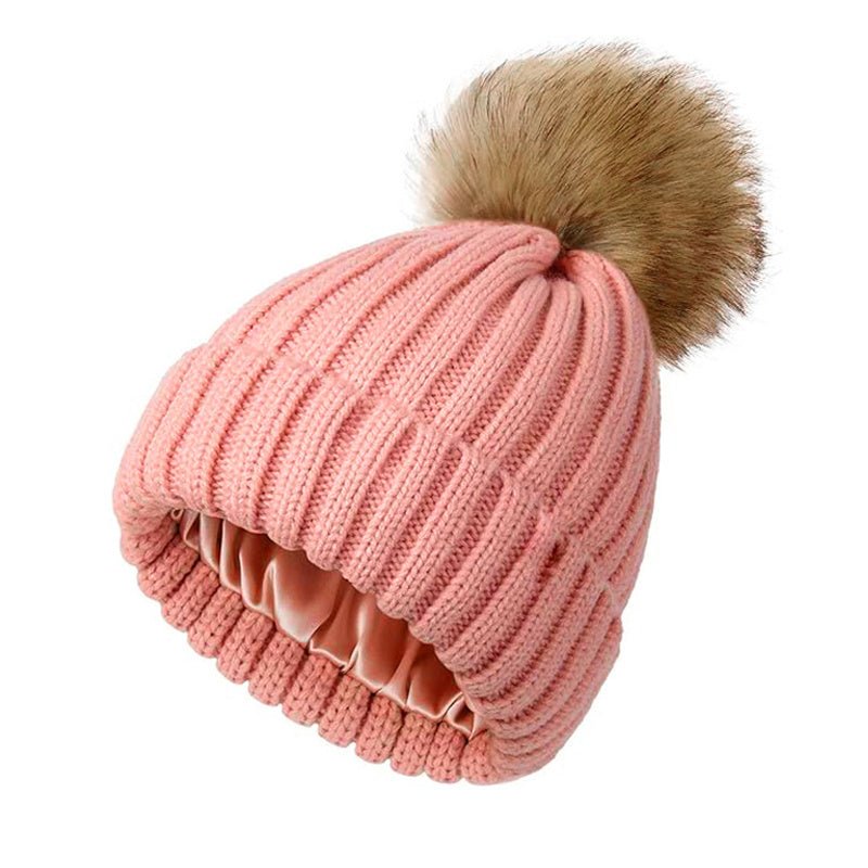 Women's Winter Beanie with Satin Lining and Faux Fur Pom Pom - Cozy Knit for Ultimate Warmth - BPRunning