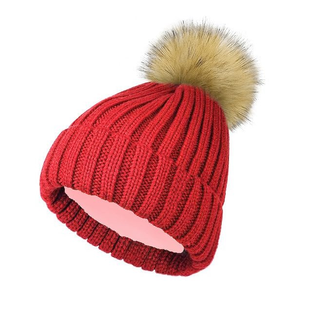 Women's Winter Beanie with Satin Lining and Faux Fur Pom Pom - Cozy Knit for Ultimate Warmth - BPRunning
