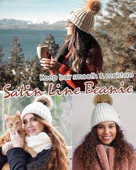 Women's Winter Beanie with Satin Lining and Faux Fur Pom Pom - Cozy Knit for Ultimate Warmth - BPRunning