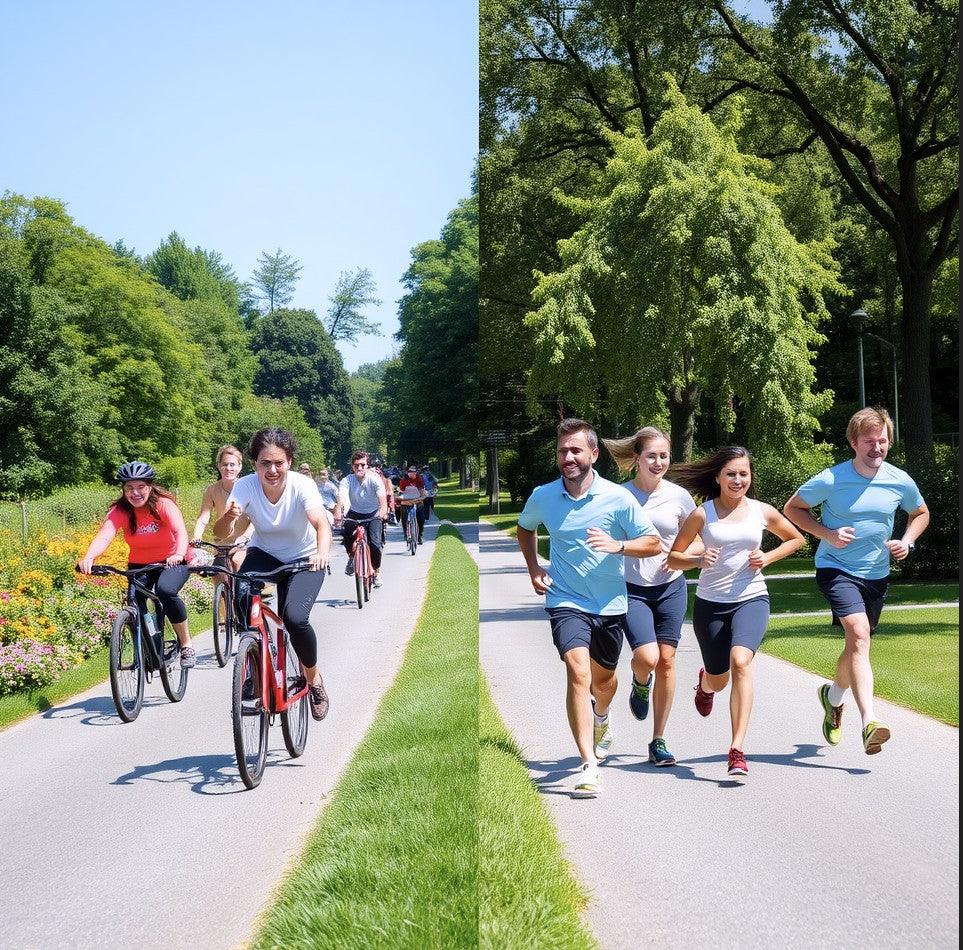 Group of adults cycling and running on a sunny park path lined with green trees and flowers