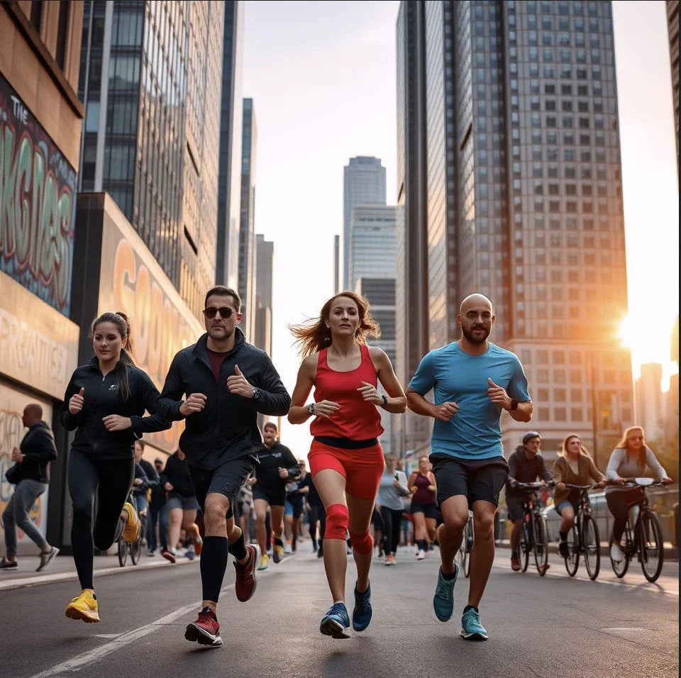 Group of diverse runners jogging on a city street with tall skyscrapers and sunset in background