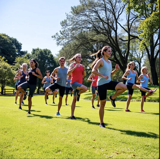 Group of young people exercising outdoors on grass, doing high knee workouts in park