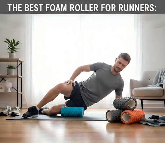 Runner using foam roller for muscle recovery at home with assorted massage rollers nearby