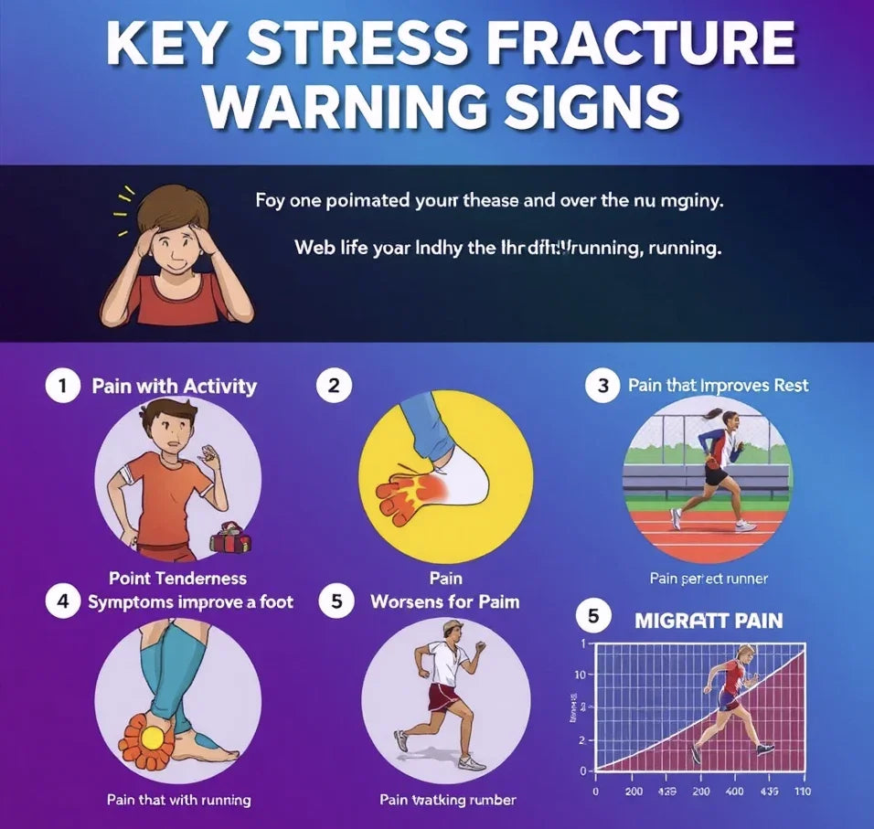 Infographic showing key stress fracture warning signs for runners, including pain with activity, tenderness, and worsening pain