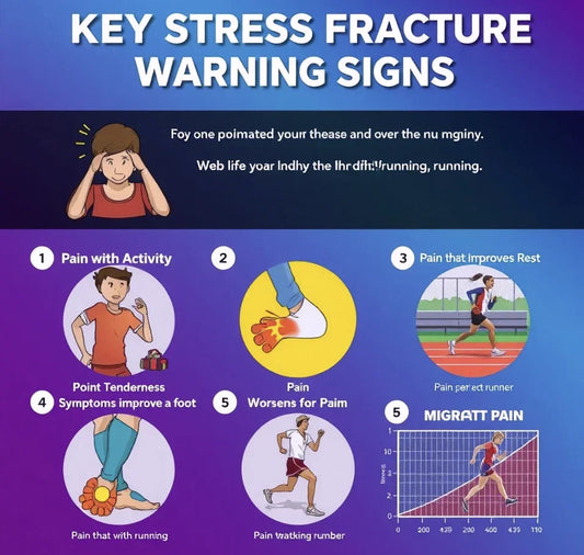 Infographic showing key stress fracture warning signs for runners, including pain with activity, tenderness, and worsening pain