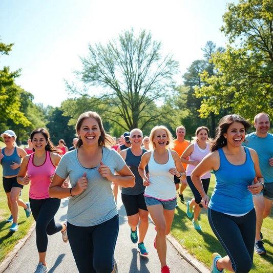 Group of runners jogging outdoors on sunny day, wearing athletic gear and smiling