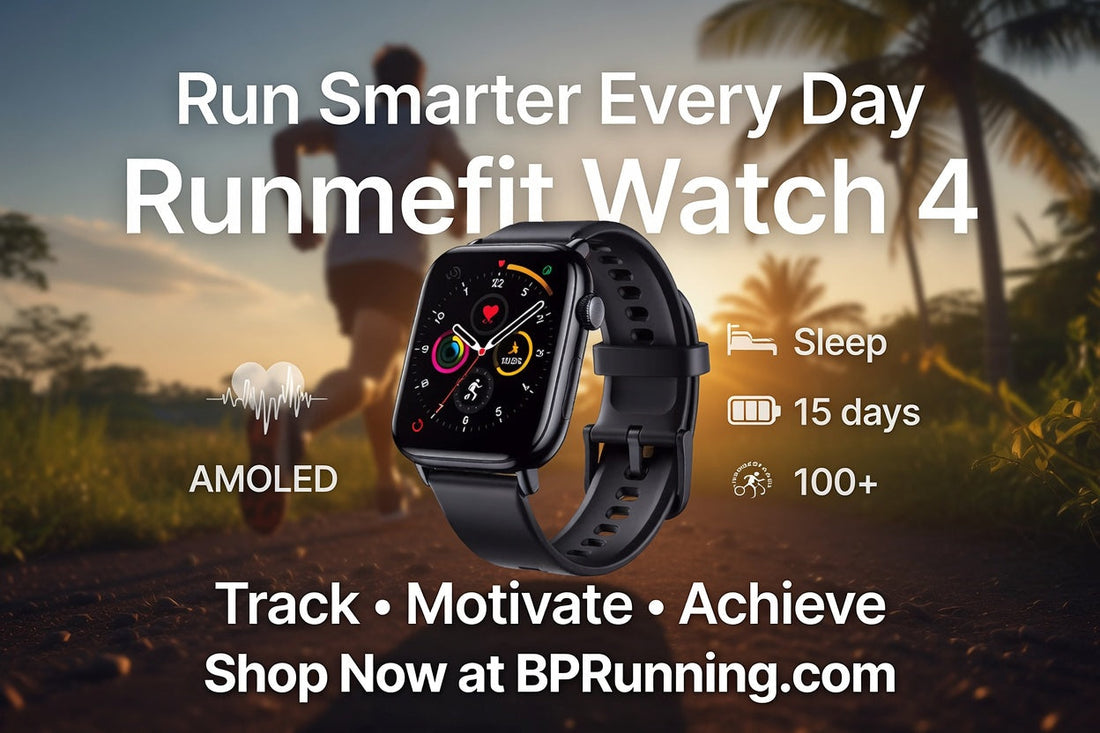 Runner wearing Runmefit Watch 4 smartwatch during an outdoor run