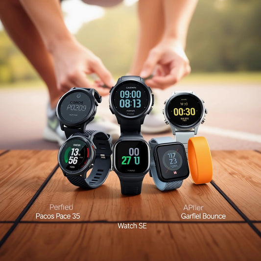 Various running smartwatches and fitness trackers on wooden surface with runner tying shoes in background
