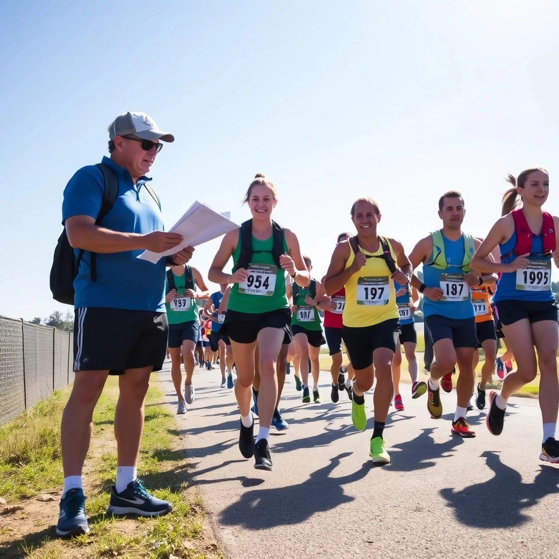 Group of runners with race bibs running outdoors on a sunny day, man in blue with clipboard watching