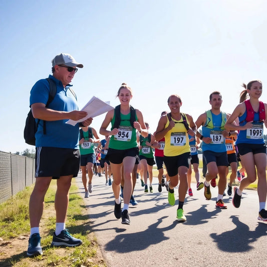 Runners in race bibs sprinting on sunny path, coach tracking progress with clipboard
