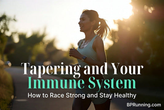 Woman running outdoors at sunset, wearing athletic gear, with text about tapering and immune health for runners