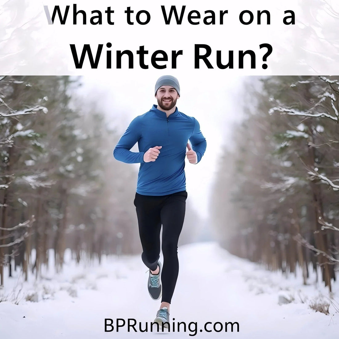 Man running on snowy trail in winter wearing blue long-sleeve shirt, black leggings, and gray hat
