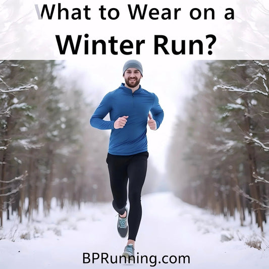 Man running in winter gear on snowy trail, wearing blue top and beanie for cold weather runs