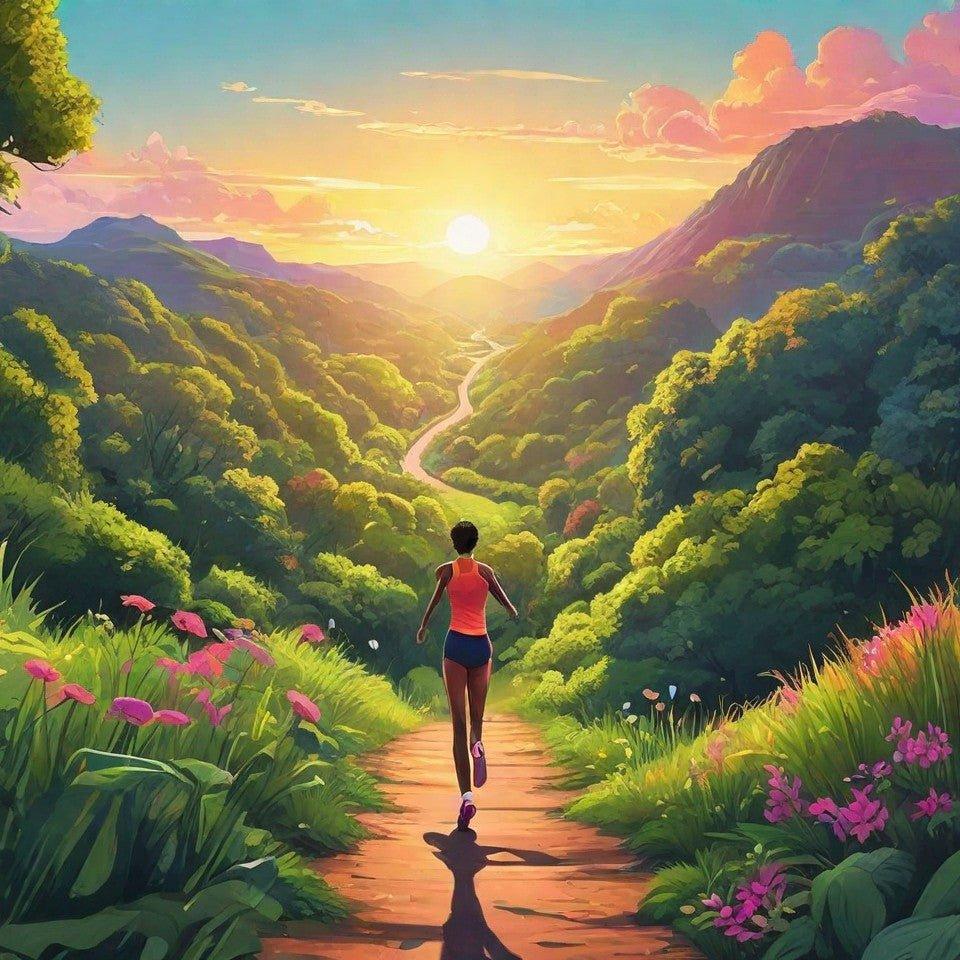 Runner on scenic trail at sunset, surrounded by mountains and wildflowers, perfect for outdoor running gear.