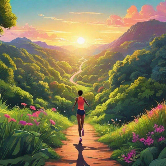 Runner on scenic trail at sunset, surrounded by mountains and wildflowers, perfect for outdoor running gear.