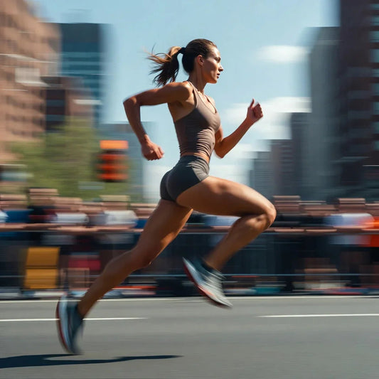 Woman running in athletic gear on city street, showcasing performance running shoes and workout apparel
