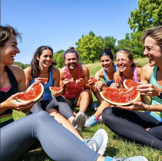 Group of six women in sportswear sitting on grass outdoors enjoying fresh watermelon on a sunny day