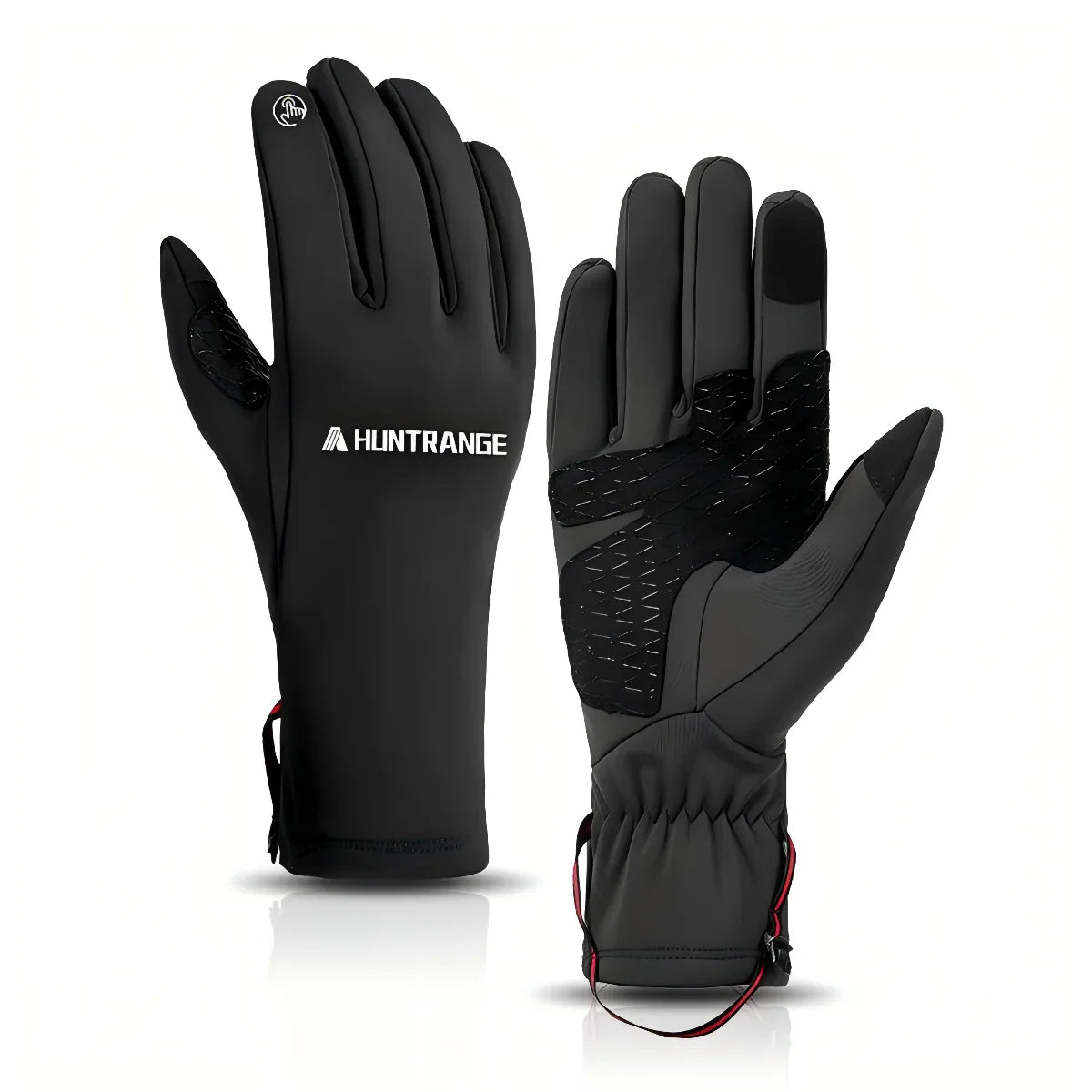 Black gloves with 'HUNTRANGE' branding on a white background