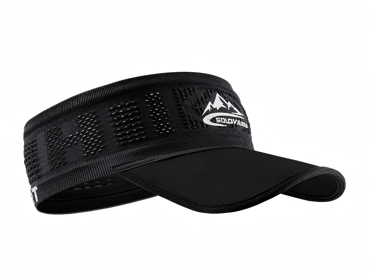 Black visor cap with a logo on a white background