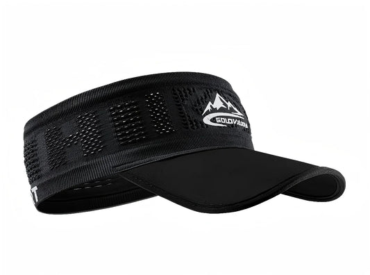 Black visor cap with a logo on a white background