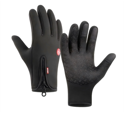 Black waterproof gloves with zip closure and textured grip on palm and fingers