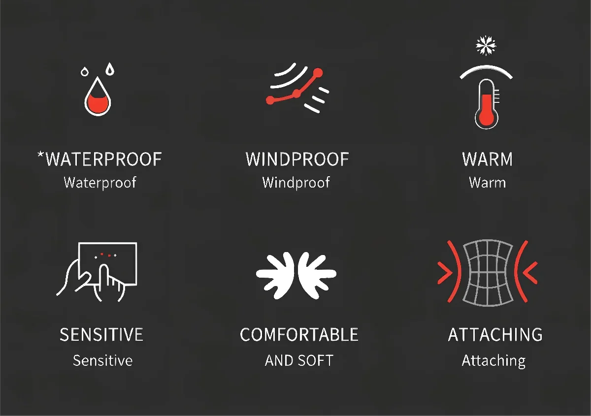 Set of icons and text describing features like waterproof, windproof, warm, sensitive, comfortable, and attaching on a dark background.