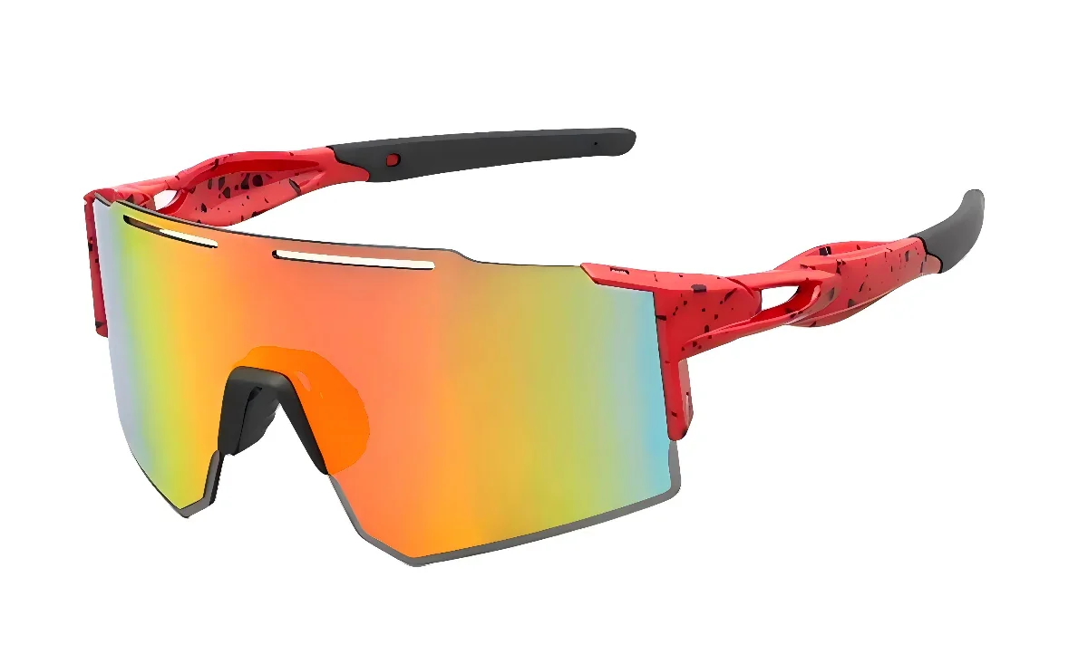 Red and black sunglasses with colorful lenses on a white background