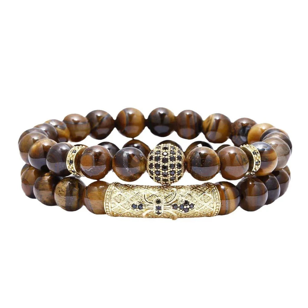 Double-layer tiger eye bead bracelet with gold and black encrusted accents