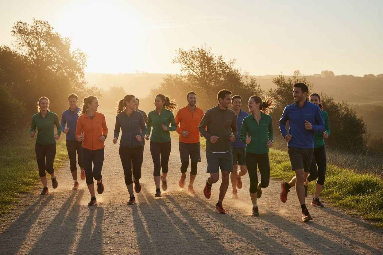 Group of runners on a dirt path during sunset