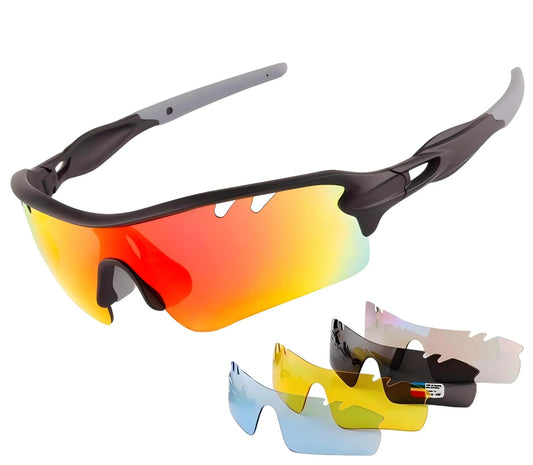 Black frame sports sunglasses with red polarized lens and four additional interchangeable lenses